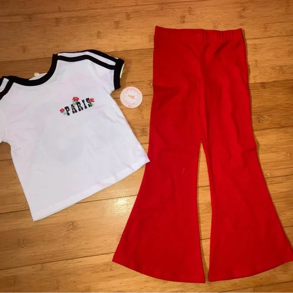 NWT Girls Size 5 Outfit - White Paris T-Shirt & Red Flared Pants Set - Picture 2 of 3